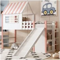 Merax Etagenbett (Massivholz, 1-St., Etagenbett Jugendbett Einzelbett Hausbett), Kinderbett 90x200cm mit Ablagefächer Rutsche Leiter Dach Fenster