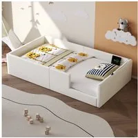 Merax Polsterbett gepolstertes Plattformbett Jugendbett mit USB & Typ-C (1-tlg), Kinderbett 90x200cm mit Schutzgeländer und Holzrahmen, Kunstleder