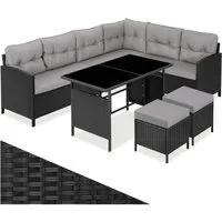 tectake Loungeset Rattan Sitzgruppe mit Sicherheitsglasplatten, für 6 bis 8 Personen, (Gartenlounge-set Barletta, 6-tlg., geeignet für Outdoor in Schwarz/Grau), widerstandsfähig und UV-beständig, dicke Rückenkissen