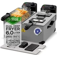TurboTronic by Z-Line Kaltzonenfritteuse Doppel 3600W 6L 2x3L Kaltzone Edelstahl 0-190°C Sichtfenster, 3600 W, 2 getrennte Thermostate je 1kg Pommes pro Korb spülmaschinenfest