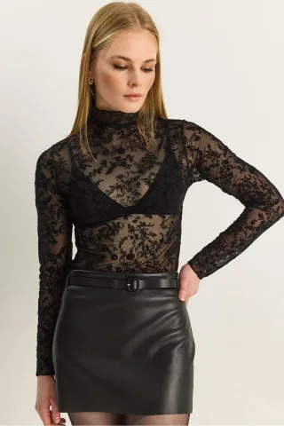Blumenmuster Slim Fit Halb-Turtleneck-Bluse