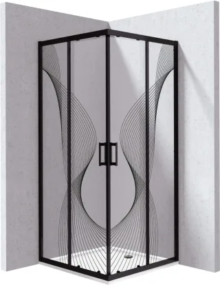 Neuesbad Set: Duschkabine NB1DEKYCNB88P1 Schwarz Wellen Dekor + Duschwanne NB1DEKTJ082B1 80x80 cm NB1DEKYCPNB88P1