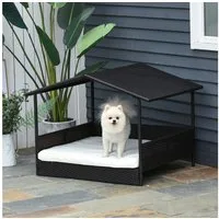 PawHut Hundehütte Rattan Hundehaus mit Kissen, Hundebett im Hausform, für kleine, mittlere Hunde, Braun
