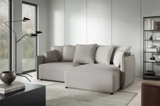 Ecksofa Schlafsofa Sofa MINEA in Stoff Abriamo Beige Ottomane Rechts
