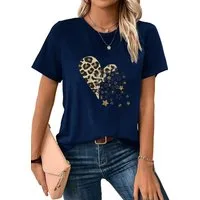 PYLIKE Rundhalsshirt Bequemes Shirt Damen Kurzarm Basic-Shirt mit Leopardenmuster Print Bequem für Freizeit und Büro,Strandurlaub