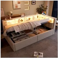 Merax Daybett 90x200cm mit hydraulischem Bettkasten, Kopfteil- & Seitenfächern (Jugendbett Sofabett, 1 tlg), Leinen Polsterbett Schlafsofa Tagesbett mit LED,USB- & Typ-C-Anschluss