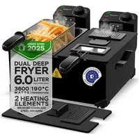 TurboTronic by Z-Line Kaltzonenfritteuse Doppel 3600W 6L 2x3L Kaltzone Edelstahl 0-190°C Sichtfenster, 3600 W, 2 getrennte Thermostate je 1kg Pommes pro Korb spülmaschinenfest Profi