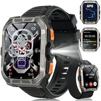 IOWODO Smartwatch Herren W80 Pro–GPS,Kompass 2.0,900mAh Akku,Bluetooth Anrufe Smartwatch Set, mit Wechselband aus weichemSilikon und Ladekabel, 15 Tage Akku,LED-Taschenlampe,SOS,IP68,Für Outdoor&Abenteuer,2 Armband
