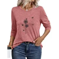 PYLIKE Langarmshirt Damen Rundhalsausschnitt Longsleeve mit Löwenzahn Print-Shirt Geeignet für den täglichen Gebrauch im Büro und zu Hause