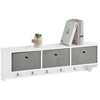 SoBuy Wandregal FRG282, Wandgarderobe mit Haken, Schweberegal Hängeregal mit 3 Körben, Garderobenleiste mit 3 Körben und 5 Haken, für Flur, Schlafzimmer