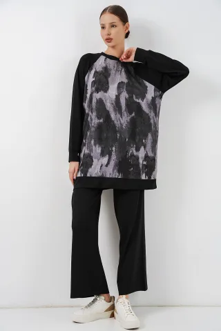 Oversize Abstrakter Druck Rundhals-Tunika & Hose Set
