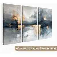 MuchoWow Leinwandbild Abstrakt - Grau - Gold - Modern, Fotodruck (3 St), Wand Bilder 3 Set, Deko Schlafzimmer Wohnzimmer Flur 60x40 cm