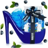 BRUBAKER Pflege-Geschenkset Dusch- und Badeset, Pflegeset - High Heel Blau, 6-tlg., Wellness Beauty Geschenkset in Keramik Stiletto, Blaubeeren Duft