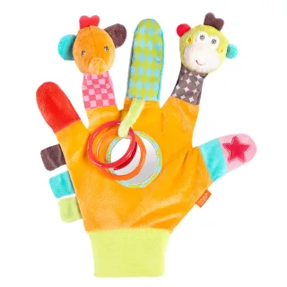 Fehn Spielhandschuh Safari ? Fingerpuppen Baby Spielzeug Affe und Elefant zum Greifen und Geräusche erzeugen ? Handpuppen für Kinder und Babys ab 0+ Monaten - Puppenhandschuh mit Greifling und Rassel