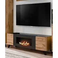 Furn.Design TV-Board Heritage (TV Lowboard in Wotan Eiche mit Schwarz, 2-türig, 150 x 47 cm), Push-To-Open-Funktion und integrierter Kamin