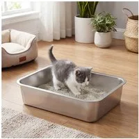 FEANDREA Katzentoilette Katzenklo Edelstahl, mit Schaufel, antihaftbeschichtet, geruchsfrei, S, 40 x 30 x 10 cm, für Kätzchen und kleine Katzen