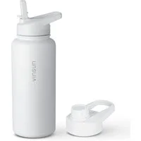 Vinsun Isolierflasche Edelstahl Trinkflasche 1L Strohhalm - 2 Deckel Thermoflasche BPA frei, Doppelwandig isoliert, auslaufsicher, bruchsicher, Geruchsneutral