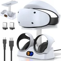 feinlux Ladestation für PS VR2 Controller Ladeschale (2000 mA, Set, PS VR2 Ladestation Ladestation, mit Headset Ständer, mit LED Licht, Typ C Kabel)