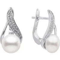Gaura Pearls Perlenohrringe Elegant hängend weiß rund 8.5-9 mm, echte Süßwasserzuchtperle, 925er Sterlingsilber, rhodiniert