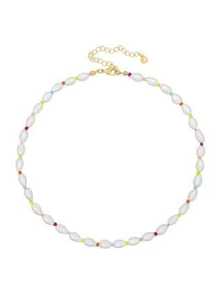 Fashionbox Kette Messing vergoldet Perlen weiss und multifarben