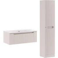 Lomadox Badmöbel-Set NEWPORT-56-CASHMERE, (Spar-Set, 2-St., Waschtisch Hochschrank), in kaschmir, gerillte Front, geringe Tiefe, inkl. Wäschekorb