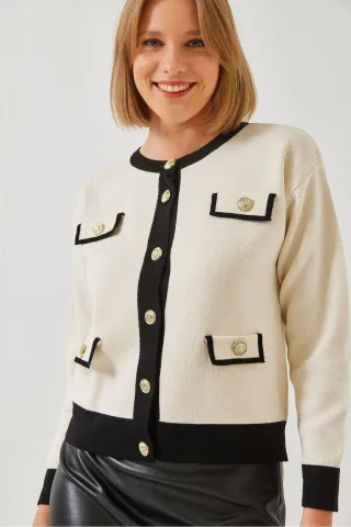 Gemusterter Acryl Rundhals-Cardigan mit Taschen