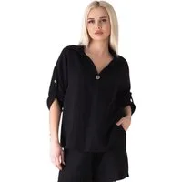 WENOR Schlupfbluse Damen Musselin 100% Baumwolle – Oversize Sommerbluse One Size mit Kokosknopf, Krempelärmel & Seitentaschen – Naturmaterial