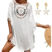 MOPUEA Strandkleid Damen Bikini Cover Up Strand-Tunika mit Fransen Strandbekleidung (mit Boho-Ohrringen, 1-tlg., Filigrane Häkelspitze umrahmt den tiefen V-Ausschnitt) Einheitsgröße mit Wohlfühlgarantie