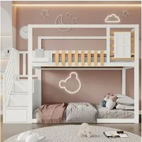 Merax Etagenbett (mit 3 Schließfächer in der Treppe, 1-St., Jugendbett Stockbett Kieferholzbett), Kinderbett 90x200cm mit Fenster Regal Stauraumtreppe & Schließfächern