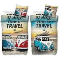 BERONAGE Wendebettwäsche VW Volkswagen Bulli Time To Travel Bettwäsche Linon / Renforcé 186, 100% Baumwolle, 2 teilig, 135x200 + 80x80 cm