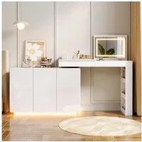 Flieks Schminktisch, L-förmiger drehbarer Schminktisch 100×40×80cm mit LED-Leiste, Spiegel