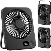 skelo Tischventilator Klein Tischventilator USB Leise Ventilator Akku 2000mAh 5 Windstufen, 1 cm Durchmesser, 180° Einstellbar Tragbarer LED Anzeige Fan Für Büro, Bibliothek, Reise
