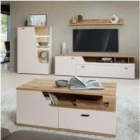 Lomadox Wohnzimmer-Set CARMONA-129, (Mega-Spar-Set, 4-St., Couchtisch Highboard Lowboard Wandregal), in Kaschmir und Eiche, inkl. LED-Beleuchtung