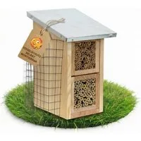 BEESI Insektenhotel mit Metalldach & Vogelschutz-Gitter, 2-Etagen XXL-Nisthilfe, 4-8mm, (1-St., für Solitärbienen – Vogelschutz-Gitter gegen Spechte/Meisen), Nisthilfe Wildbienen mit austauschbaren Holzkästen (Module)