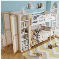 Flieks Etagenbett, Kinderbett 90x200cm mit Kleiderschrank, Bücherregal und Fallschutz