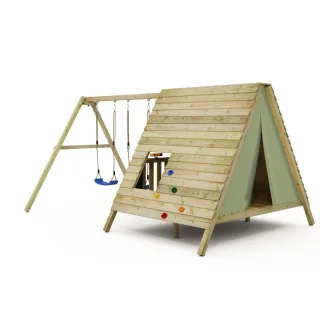 Tipi-Spielhaus Timber Play aus massivem Holz - Geräumiges Kinderspielhaus mit Klettersteinen und Teleskop - Stabiler Garten-Spielturm Wickey