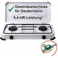 BlueCraft Gaskocher 2 flammig 50mbar Propan Gas Campingkocher 4,4 kW Gas-Kochfeld Gasherd, (mit Schlauch 100 cm und Gas Regler Druckminderer mit Manometer), Camping Gas Kocher 2 flammen für Gasflasche