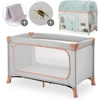 Hauck Baby-Reisebett Dream N Play Plus - Dusty Cork / Plants, Kinderreisebett mit Eingang, Matratze, Moskitonetz & Spielzelt faltbar