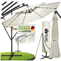tillvex Sonnenschirm tillvex® Sonnenschirm LED Solar Ø 3m Ampelschirm Balkon Gartenschirm, Alu Ampelschirm + Abdeckung LED Solar Ø 350 cm mit Kurbel, Abdeckung + Ständer, Gartenschirm UV-Schutz Aluminium, Kurbelschirm Marktschirm wasserdicht 360° dre