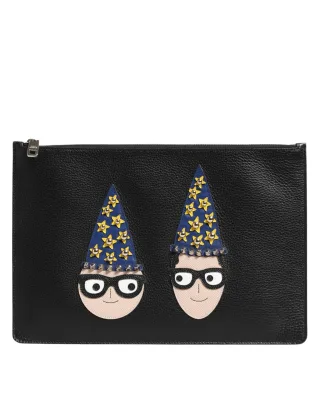 Dolce & Gabbana Schwarze Leder #DGFAMILY Verziertes Herren Clutch Pouch Bag