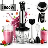 Forrlite Stabmixer 5-in-1 mixer-Set,Edelstahl-Pürierstab mit stufenloser Geschwindigkeit, 1500 W, Zerkleinerer, Schneebesen, Milchaufschäumer und Messbecher