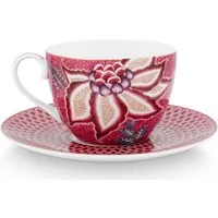 PiP Studio Tasse Flower Festival Tasse mit Untert. dark pink 280ml, Porzellan, Cup & Saucer Flower Festival Dark Pink 280ml