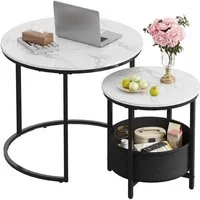WLIVE Couchtisch Couchtisch 2er‑Satztisch rund mit Stauraum, (Beistelltisch mit Stoffkorb & Metallgestell, Holzoptik, 2er Set), 2 in 1 Verschachtelung