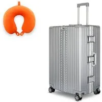 WINLIFE Trolley Hartschalen-Koffer Alu-Rahmen Silber Trolley M, L, XL + Nackenkissen, 4 Doppelrollen Rollen, ABS+PC-Hartschale, TSA-Zahlenschloss, 360°-Doppelrollen