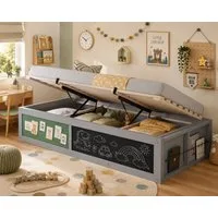 Merax Kinderbett 90×200cm mit hydraulischem Stauraum (1-tlg), Einzelbett mit Kreativtafel und Bücherregal, Jugendbett in Weiß/Grau