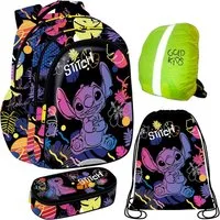 GOLDKIDS Schulrucksack Rucksack für Jungen und Mädchen, (4er-Set - Schul-Rucksack, 1-tlg., für Kinder mit Federmäppchen), Schuhbeutel und Regenschutz - Stitch Motiv