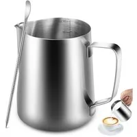 SURFOU Milchkännchen Edelstahl Milchkanne Barista Zubehör Milchaufschäumer Milchbehälter, 0.35 l, (Handheld Aufschäumkännchen Set, Kaffee Creamer Milch Aufschäumer Kännchen Tasse mit Messung Mark und Latte Art Pen, Milchkännchen perfekt für Barista C