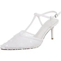 Ital-Design Damen Brautschuhe Pumps mit T-Riemen und Spitzenform Festlich Schnürpumps (91895691) Pfennig-/Stilettoabsatz Pumps in Weiß