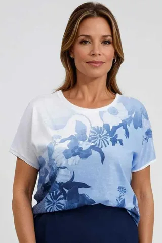 signe nature - T-Shirt mit floralem Print und Rundhalsausschnitt blau/weiß - Gr. - 44