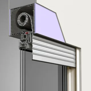 Rollladen für die Balkontür, Aufsatzrollladen Modell Basic, Kunststoff, Weiß, 800 x 2000 mm, mit Gurtwickler, individuell konfigurieren